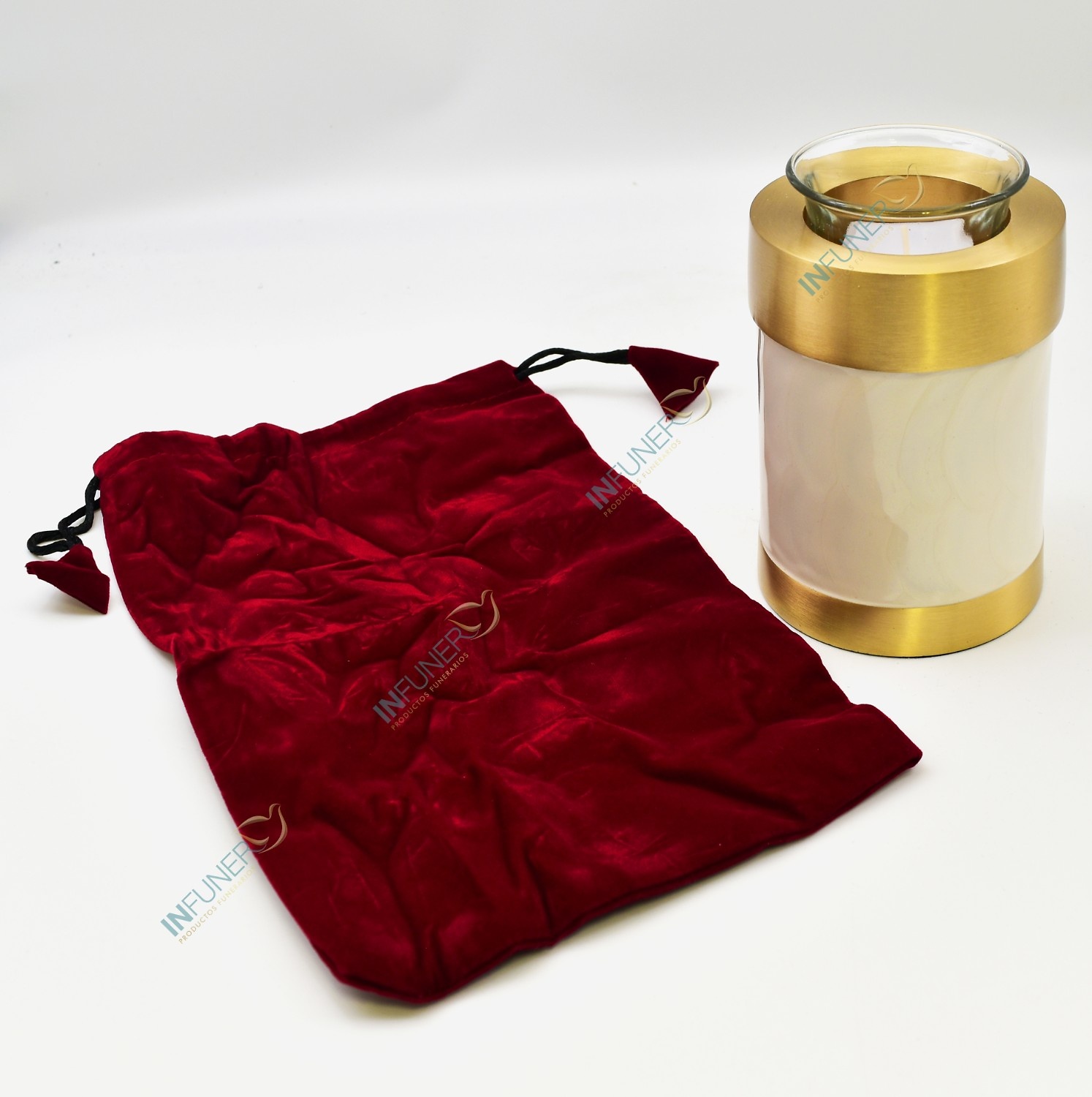 MINI URNA LATÓN EN DORADO Y BLANCO CON VELA 
