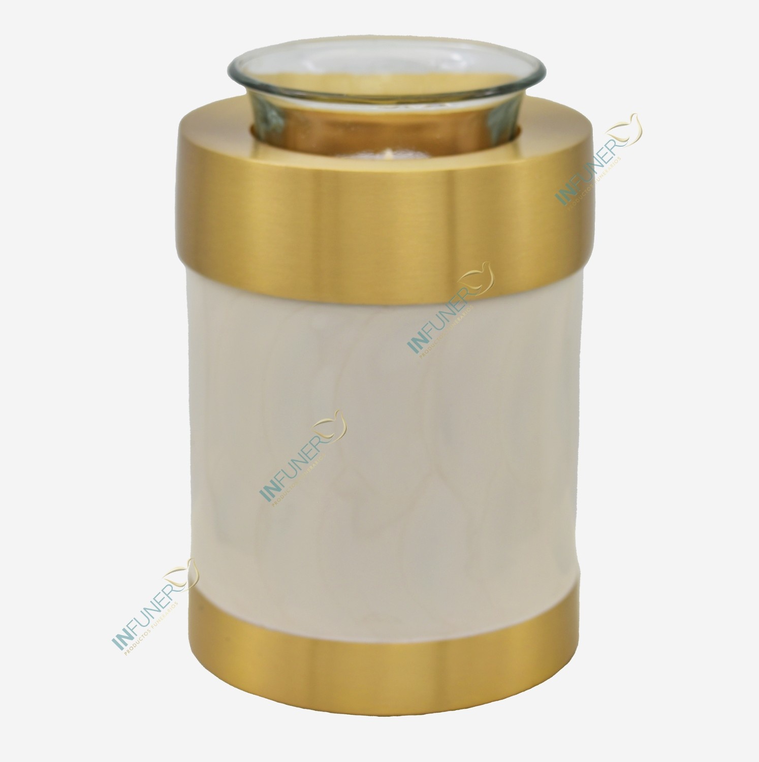 MINI URNA LATÓN EN DORADO Y BLANCO CON VELA 