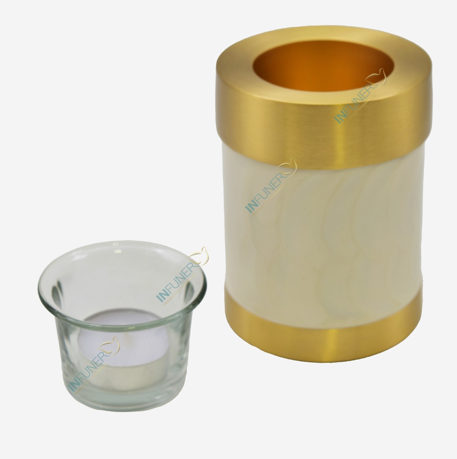 MINI URNA LATÓN EN DORADO Y BLANCO CON VELA 