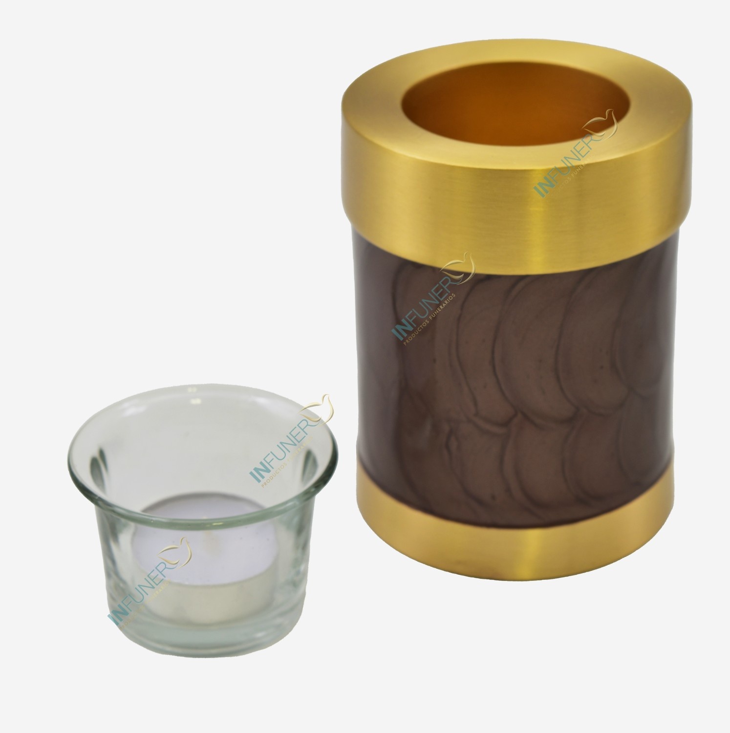 MINI URNA LATÓN EN DORADO y MARRON CON VELA 