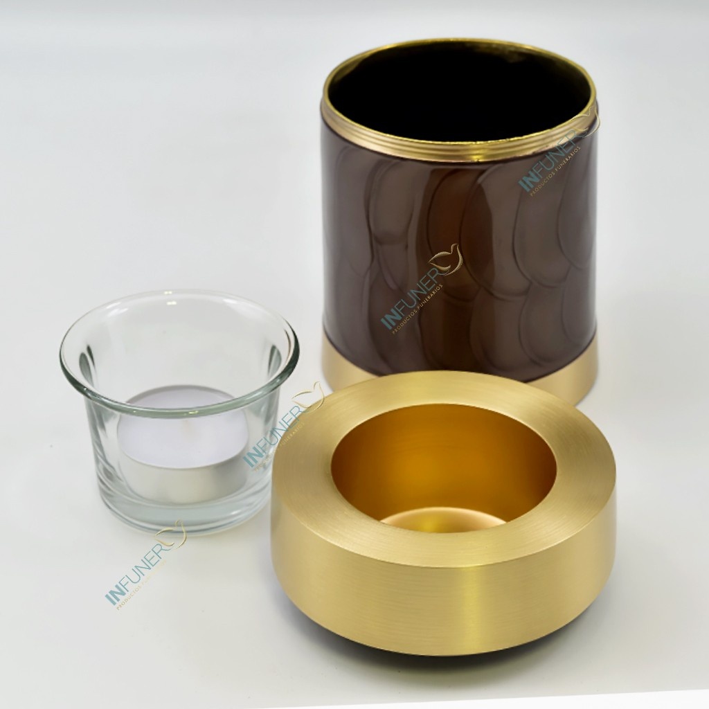 MINI URNA LATÓN EN DORADO y MARRON CON VELA 