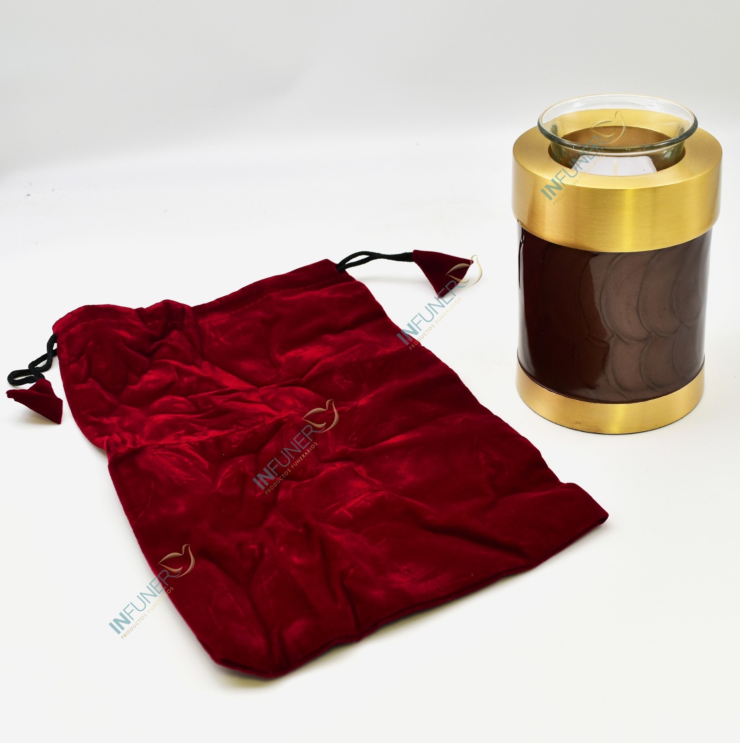 MINI URNA LATÓN EN DORADO y MARRON CON VELA 